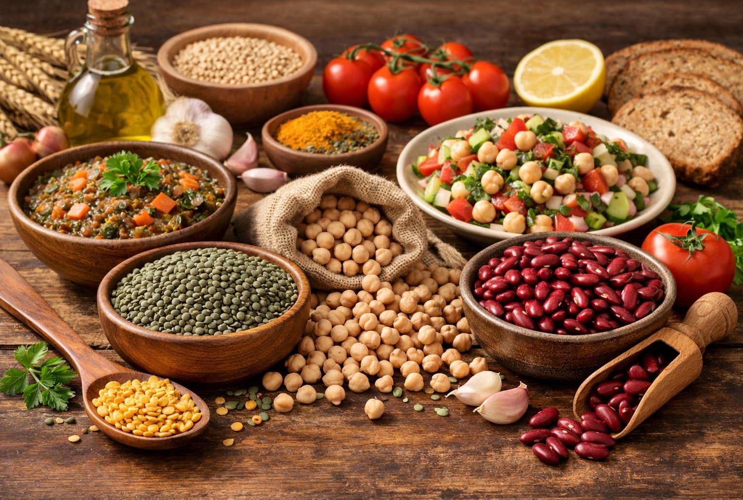 Légumineuses pour la longévité : lentilles, pois chiches et haricots sur une table rustique