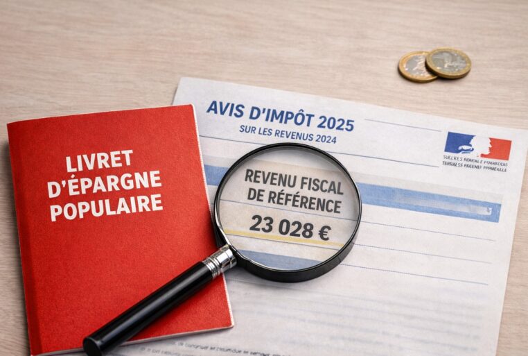 Livret d’Épargne Populaire (LEP) à côté d’un avis d’impôt, avec le revenu fiscal de référence sous une loupe.