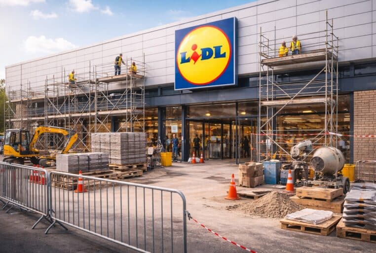 Façade d’un magasin Lidl en travaux, avec échafaudages, barrières et matériel de chantier devant l’entrée.