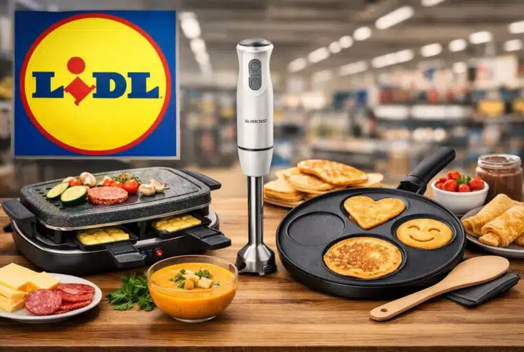 Logo Lidl et accessoires Silvercrest à moins de 20 euros : appareil à raclette, mixeur plongeant et poêle à crêpes.