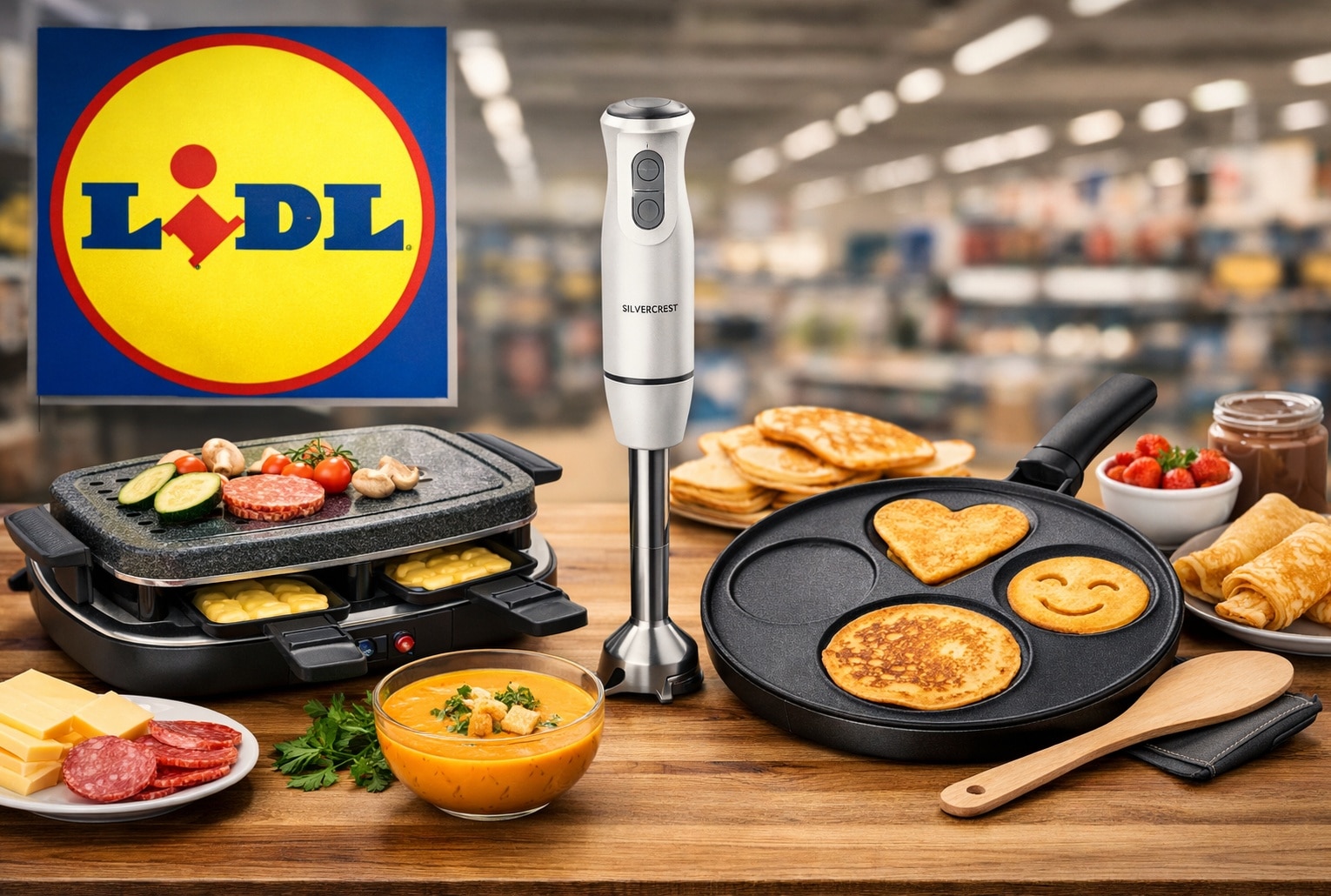 Logo Lidl et accessoires Silvercrest à moins de 20 euros : appareil à raclette, mixeur plongeant et poêle à crêpes.