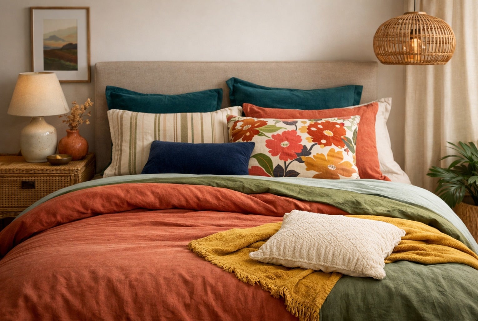 Linge de lit coloré en 2026 : housse terracotta, taies bleu canard et coussin floral sur un lit chaleureux.
