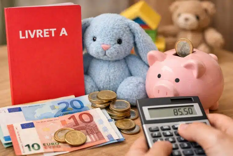 Livret A enfant : livret rouge, tirelire rose et billets en euros sur une table, illustration de l’épargne des mineurs.