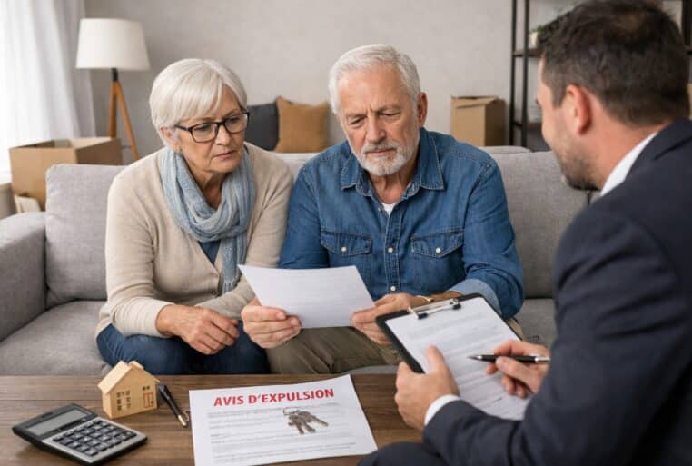Locataire protégé : un couple de seniors relit un document avec un conseiller, un avis d’expulsion posé sur la table.