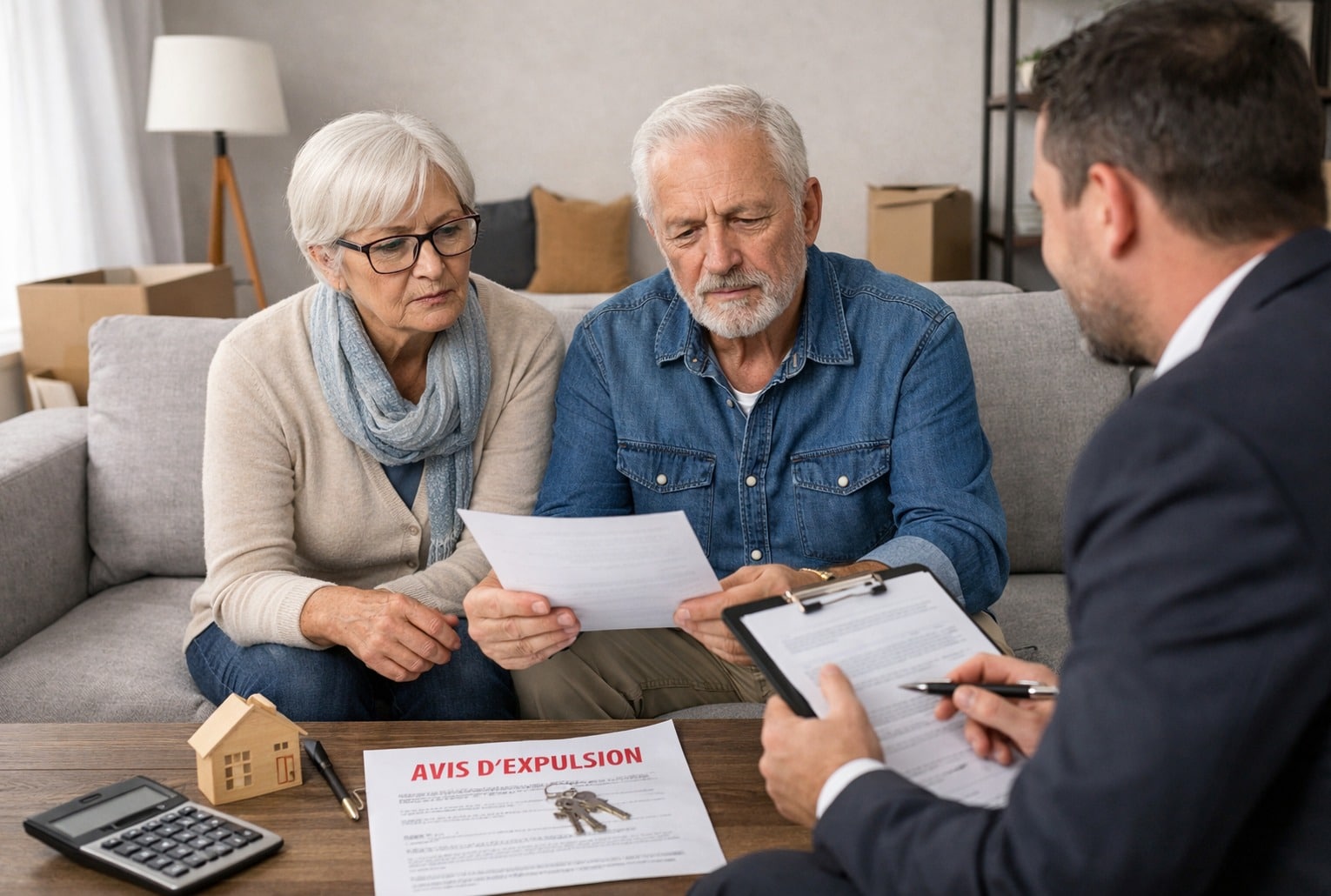 Locataire protégé : un couple de seniors relit un document avec un conseiller, un avis d’expulsion posé sur la table.
