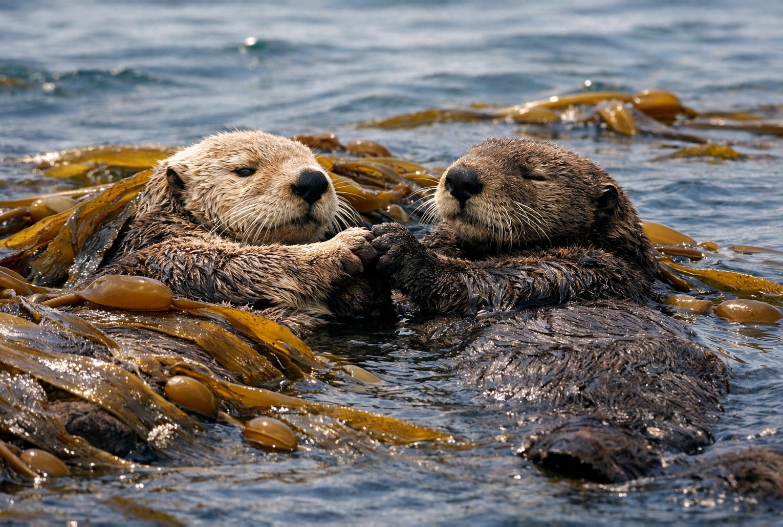 Deux loutres de mer se tiennent par la patte en flottant dans un champ de kelp (loutres de mer)