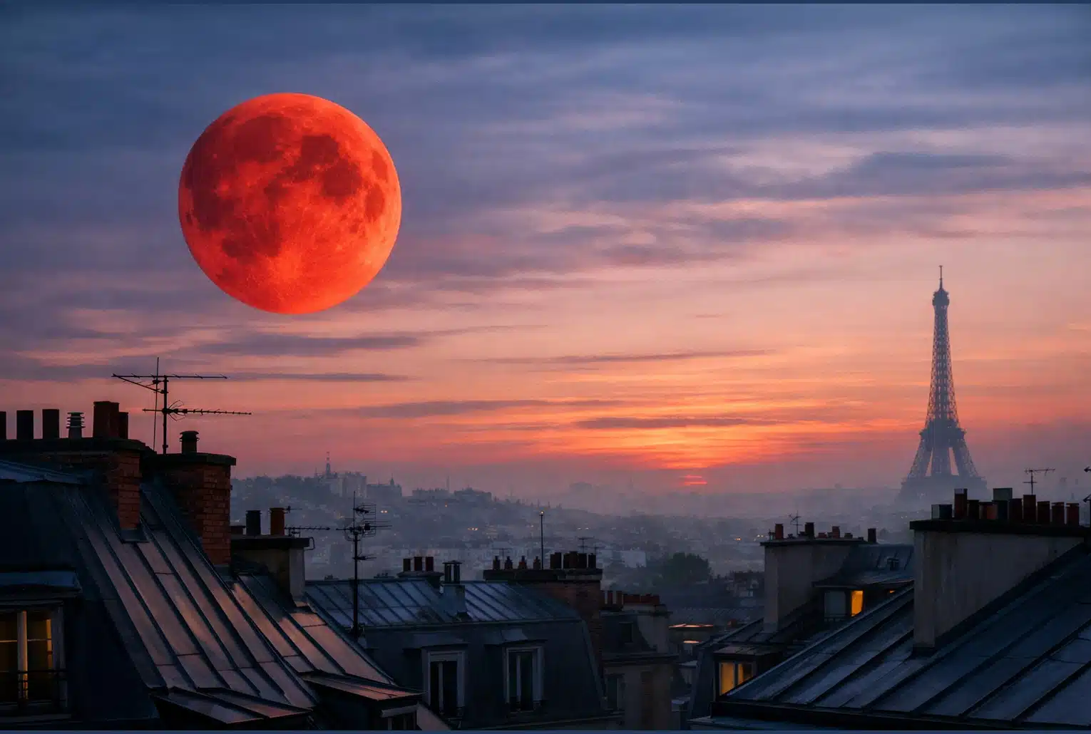Lune de Sang rouge cuivrée au-dessus des toits de Paris à l’aube, avec la tour Eiffel en silhouette.