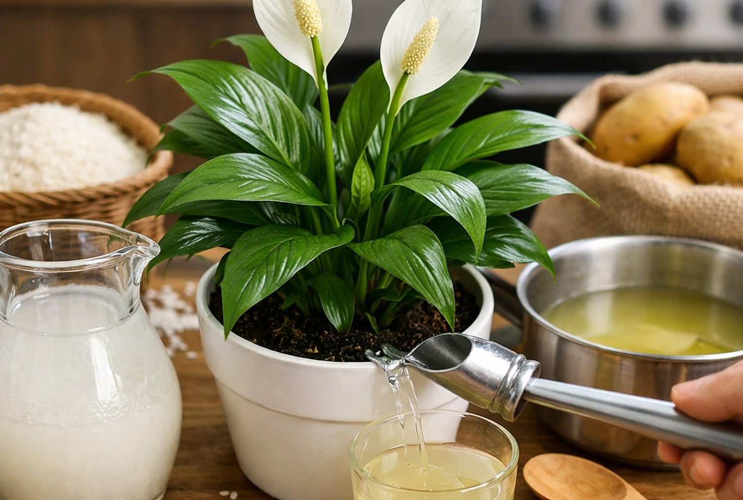 Lys de la paix arrosé avec de l’eau de riz et de l’eau de cuisson de pommes de terre sur un plan de travail de cuisine.