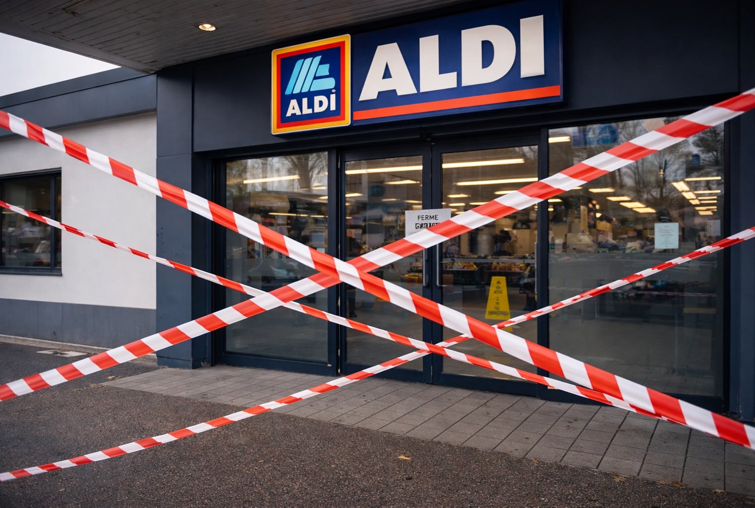Entrée d’un magasin Aldi fermé, rubans de signalisation croisés devant les portes vitrées, logo Aldi visible.