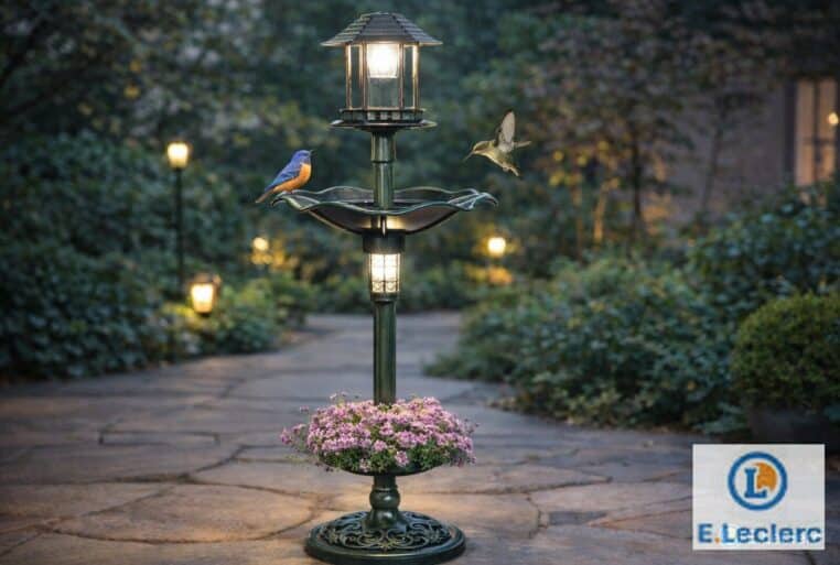 Mangeoire oiseaux extérieur solaire 3-en-1 éclairée au crépuscule dans un jardin, avec logo E.Leclerc discret en bas à droite.