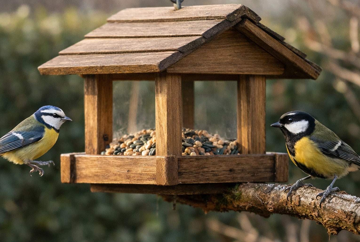 Mangeoire en bois aux tons naturels avec une mésange bleue et une mésange charbonnière en hiver.