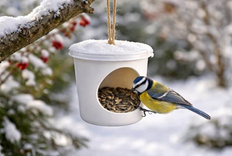 Mésange bleue se nourrissant sur une mangeoire en pot de yaourt suspendue, en hiver, avec des graines de tournesol.