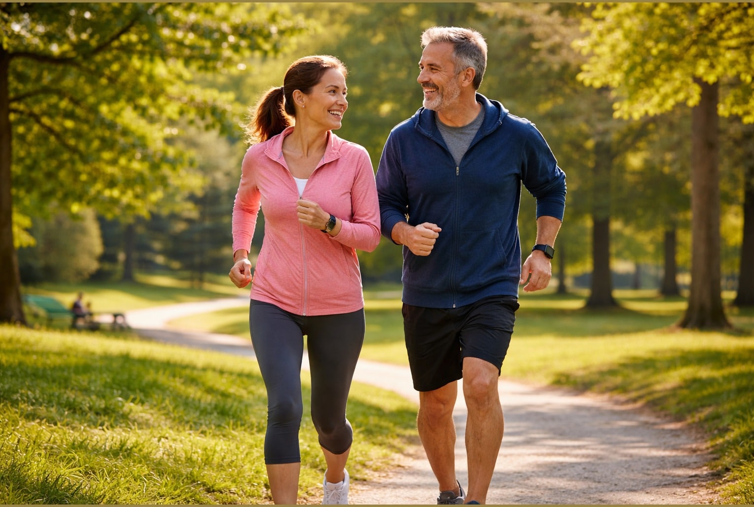 Après 40 ans, viser 7 000 pas par jour : un couple marche d’un bon rythme dans un parc.