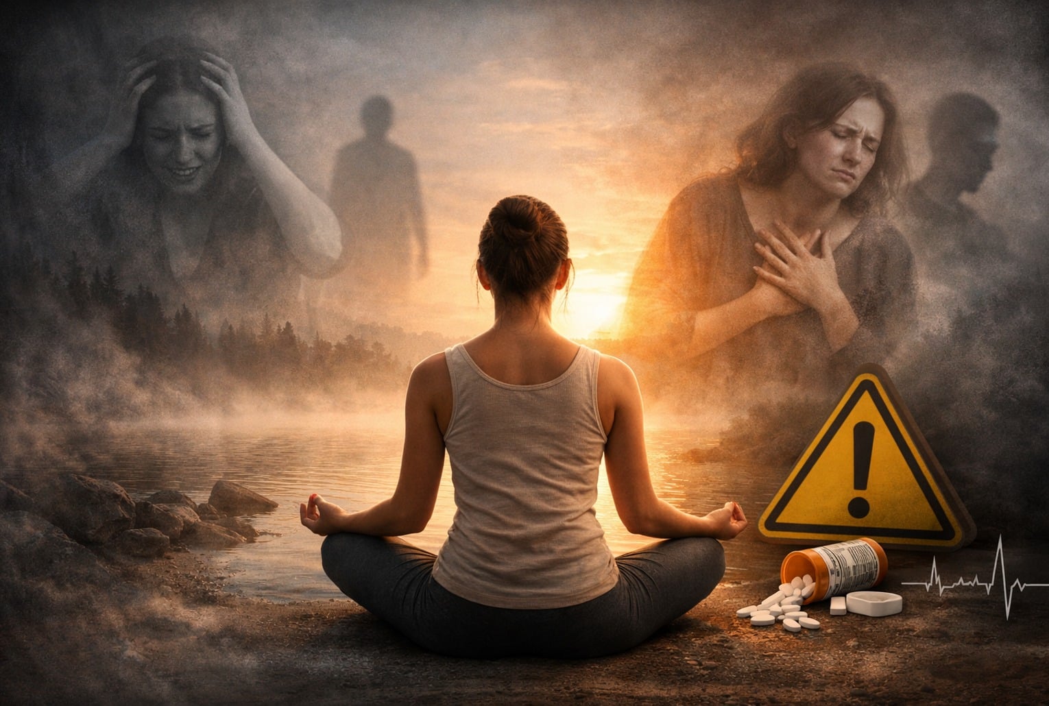 Méditation de pleine conscience au bord d’un lac au lever du soleil, avec des silhouettes floues symbolisant l’anxiété et un panneau d’avertissement.