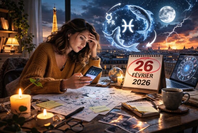Mercure rétrograde : une jeune femme, inquiète, analyse des cartes astrologiques devant un calendrier marqué « 26 février 2026 » à Paris.