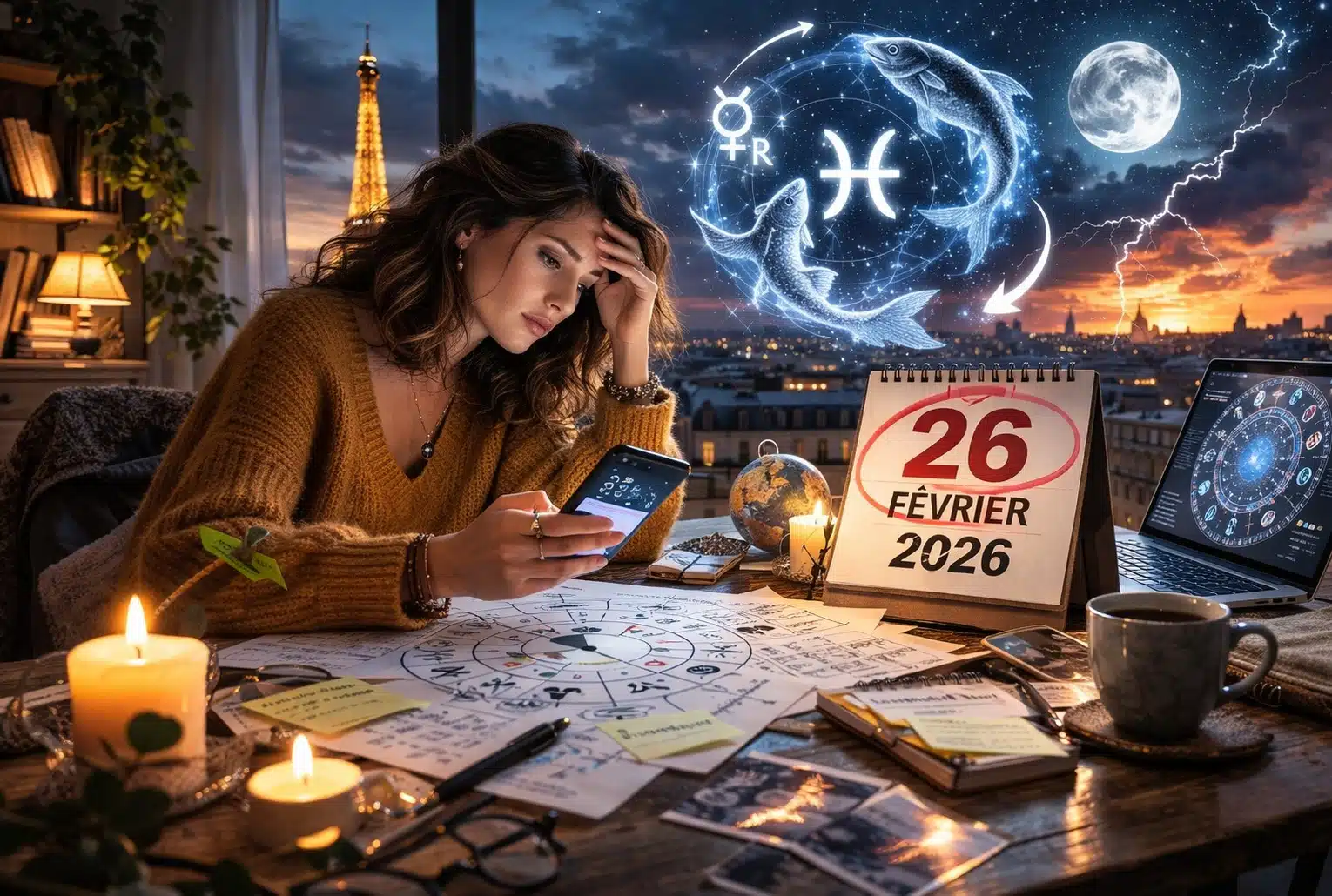 Mercure rétrograde : une jeune femme, inquiète, analyse des cartes astrologiques devant un calendrier marqué « 26 février 2026 » à Paris.