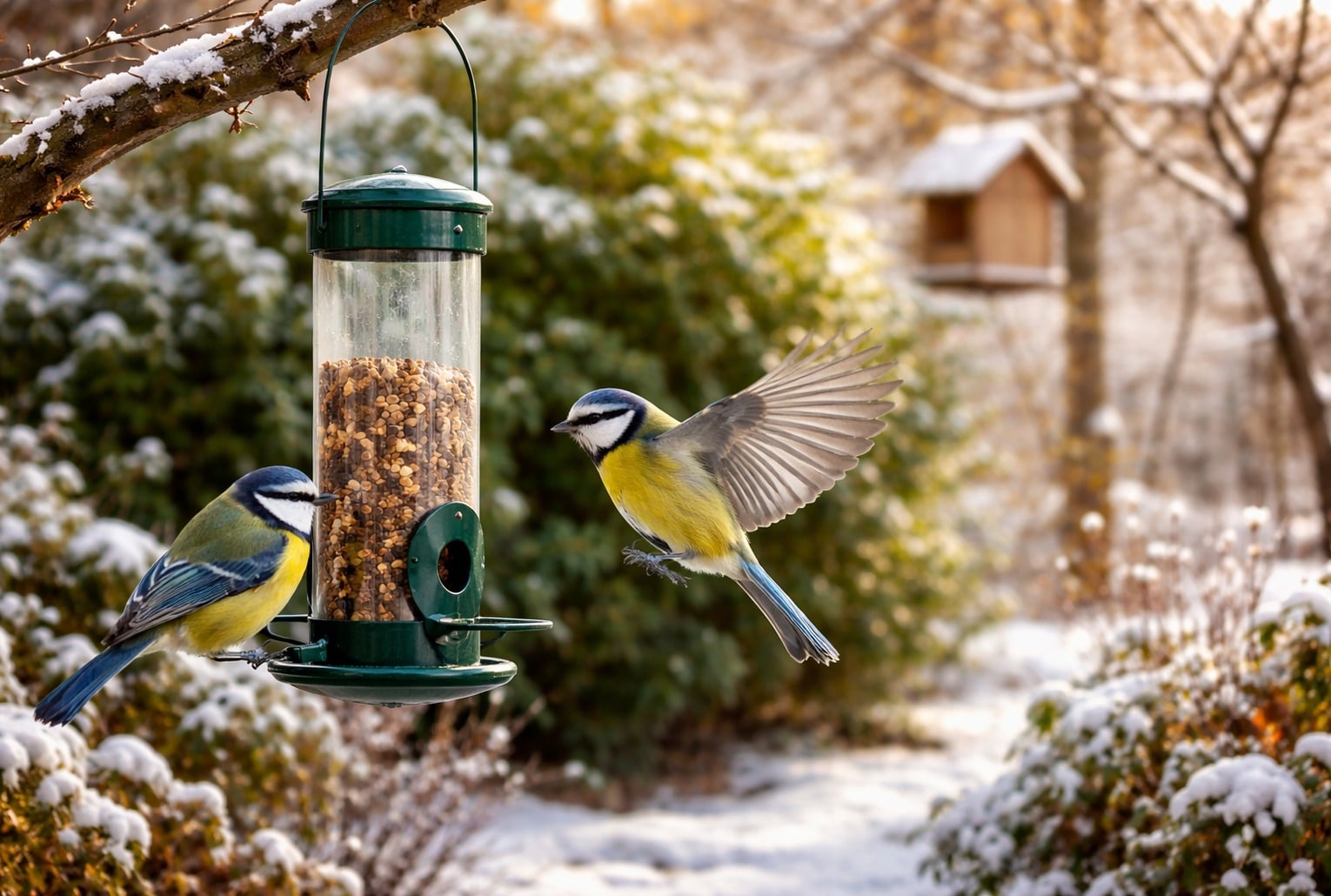 Mésange bleue au jardin en hiver, près d’une mangeoire à graines, avec neige et nichoir en arrière-plan.