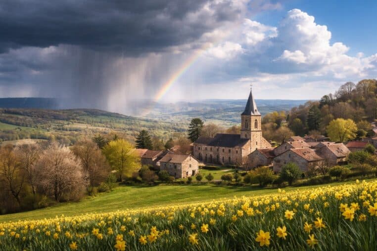 Météo mars 2026 : éclaircies et giboulées sur un village français, arc-en-ciel et averses en arrière-plan.