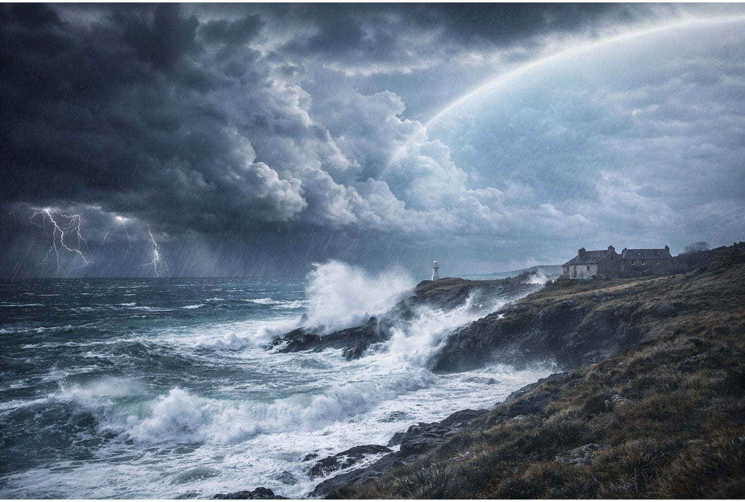 Météo en France : tempête sur une côte atlantique, pluie et rafales sous un ciel d’hiver chargé