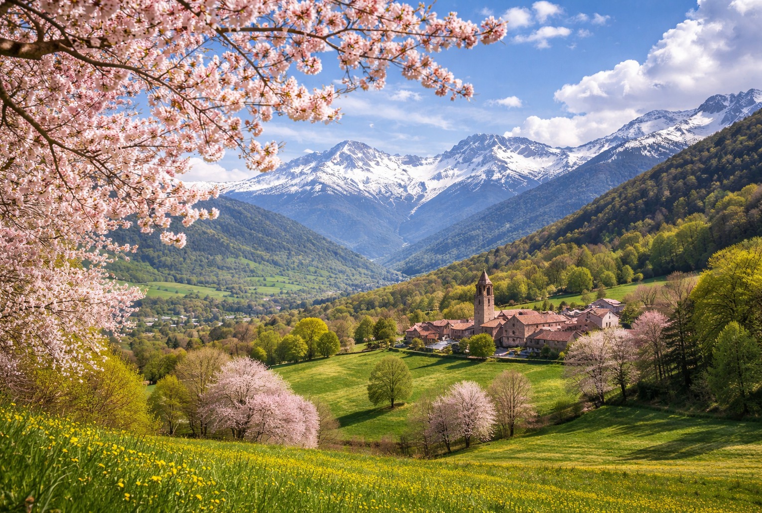 Paysage de montagne au printemps météorologique, douceur et ciel lumineux au-dessus d’un village