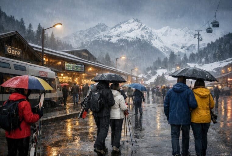 Météo des vacances d’hiver : voyageurs sous la pluie à la gare d’une station, montagnes enneigées en arrière-plan.