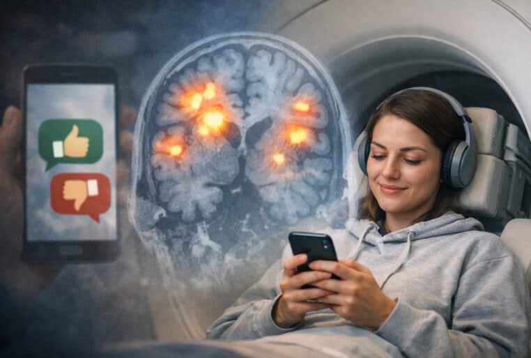 Modestie et régulation émotionnelle : une jeune femme calme dans un scanner IRM, avec un cerveau en surimpression et des feedbacks sociaux.