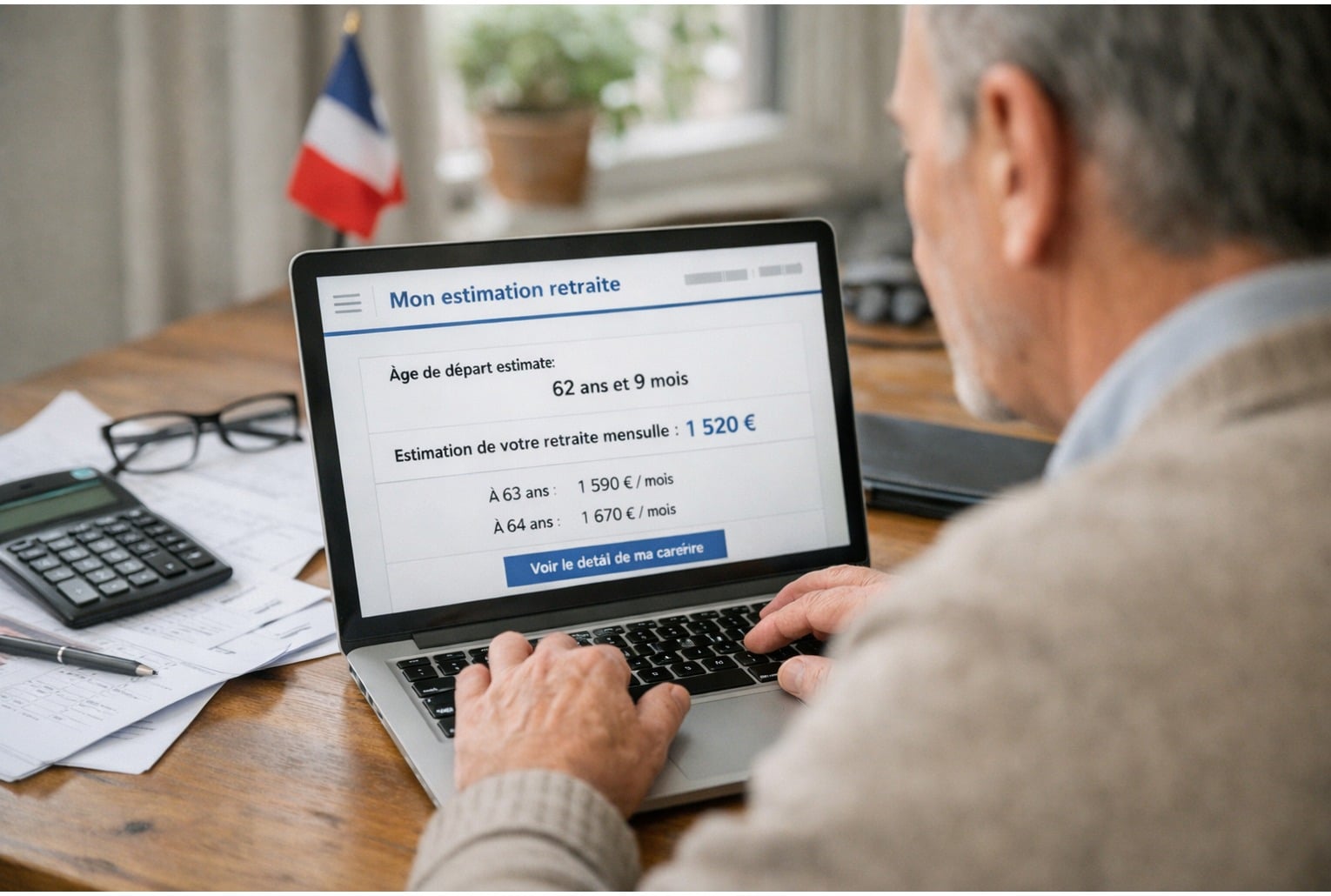 Un senior consulte le simulateur « Mon estimation retraite » sur Info Retraite, avec calculatrice et documents sur un bureau.