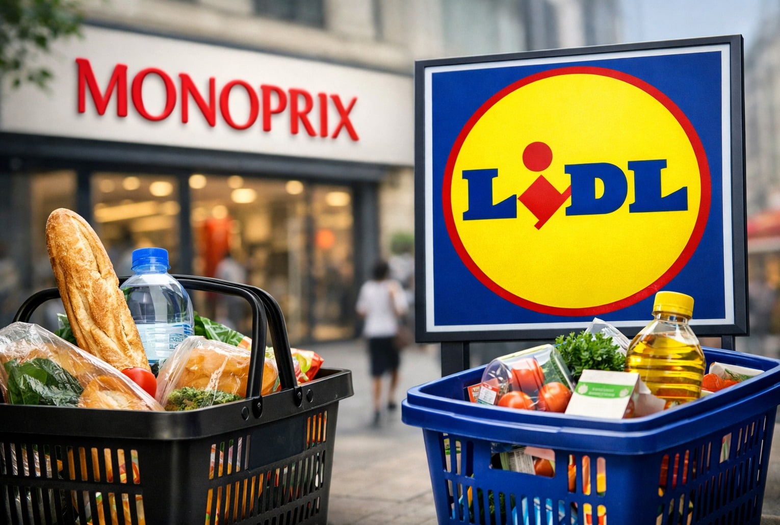 Logos Monoprix et Lidl sur fond de rue commerçante, avec paniers de courses au premier plan.