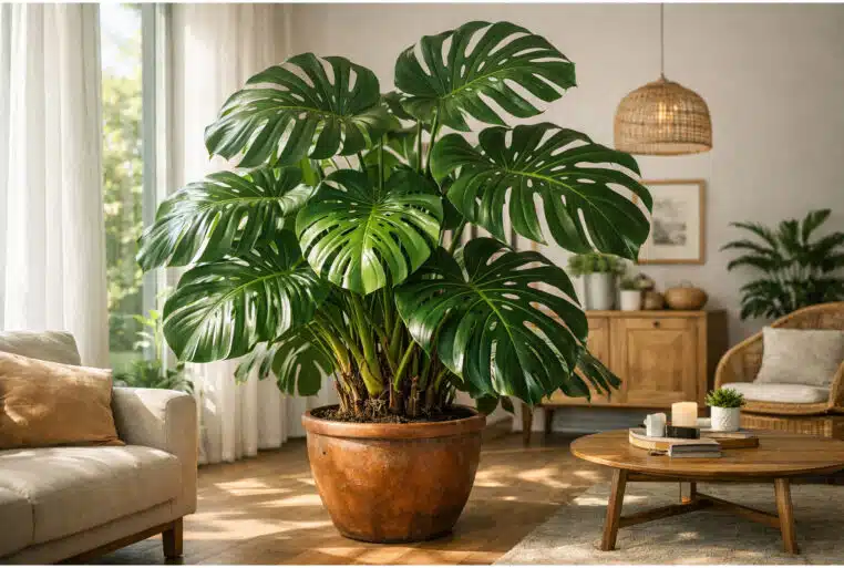 Monstera XXL aux grandes feuilles découpées dans un salon lumineux, près d’une fenêtre