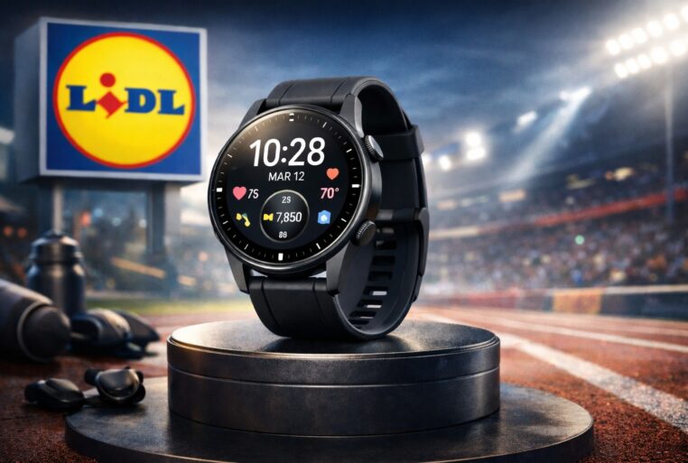 Montre connectée sport Crivit mise en avant avec logo Lidl, écran AMOLED affichant les statistiques, sur fond de piste d’athlétisme.