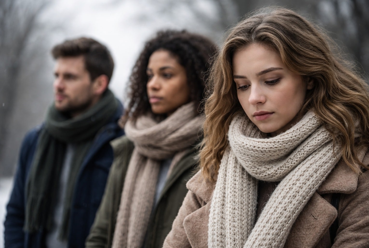 Morosité hivernale : trois personnes emmitouflées sous un ciel gris, l’air fatigué, en plein hiver.