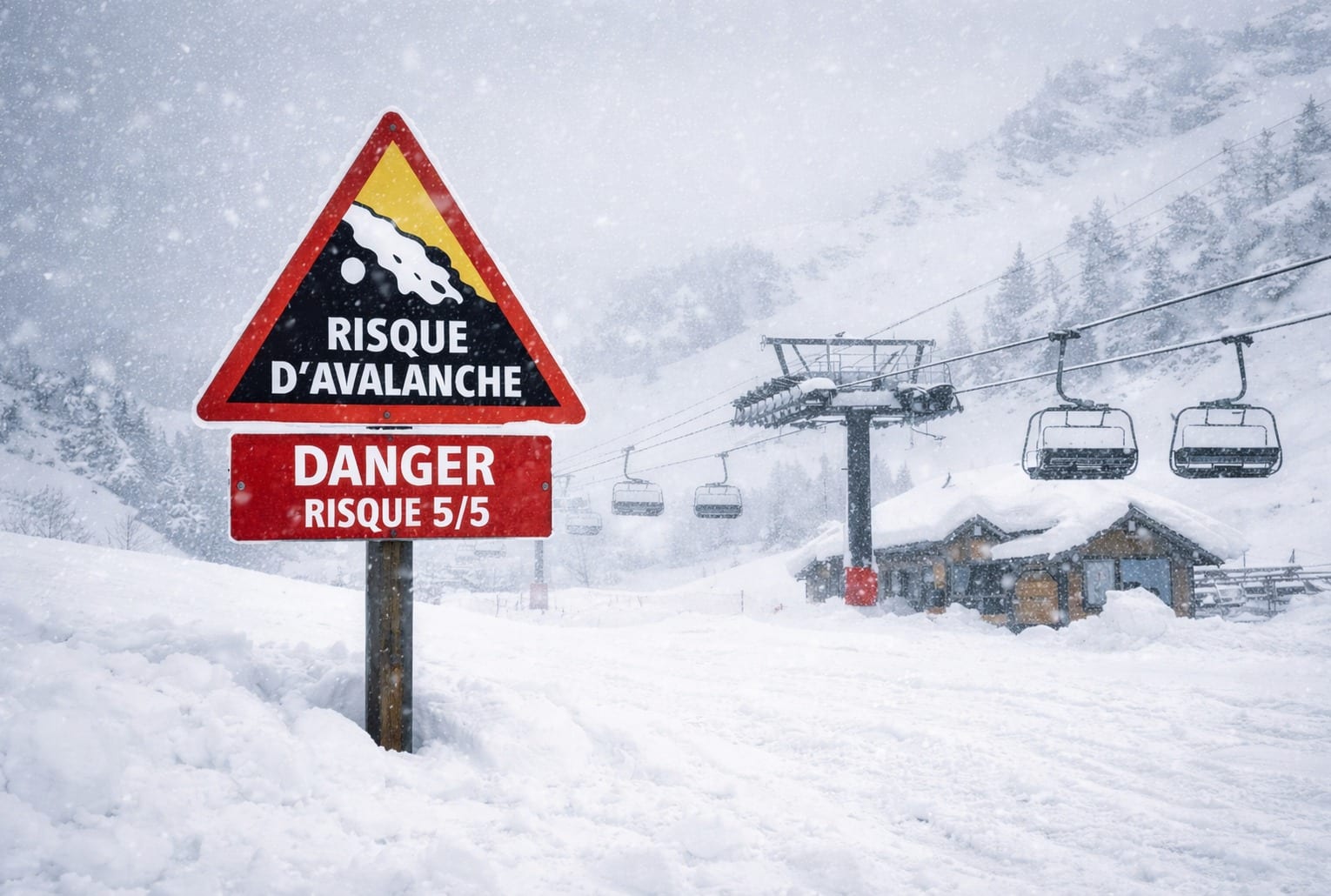 Neige exceptionnelle dans les Alpes : un seul panneau “risque d’avalanche 5/5” devant une station sous fortes chutes de neige.