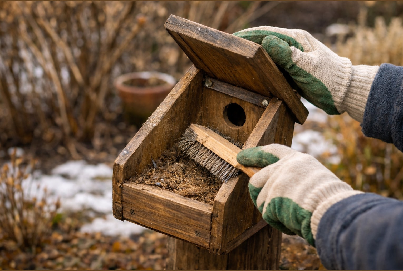 Mains gantées brossant l’intérieur d’un nichoir en bois dans un jardin en fin d’hiver.