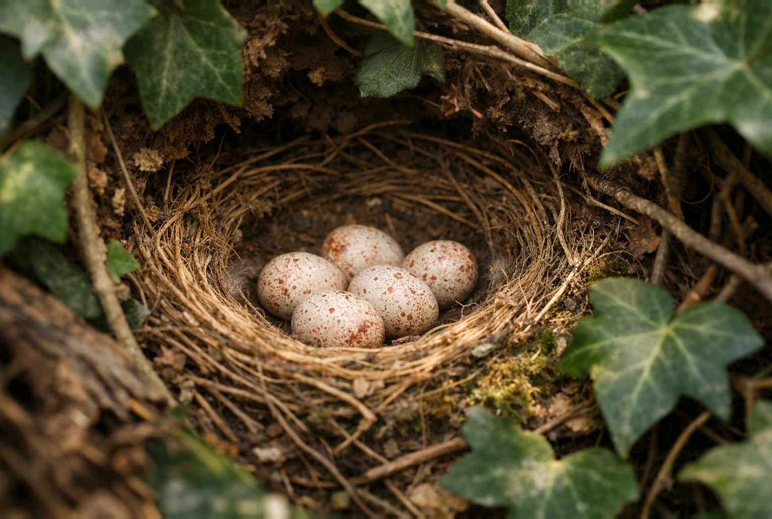 Nid de rouge-gorge familier avec œufs crème mouchetés, caché dans le lierre