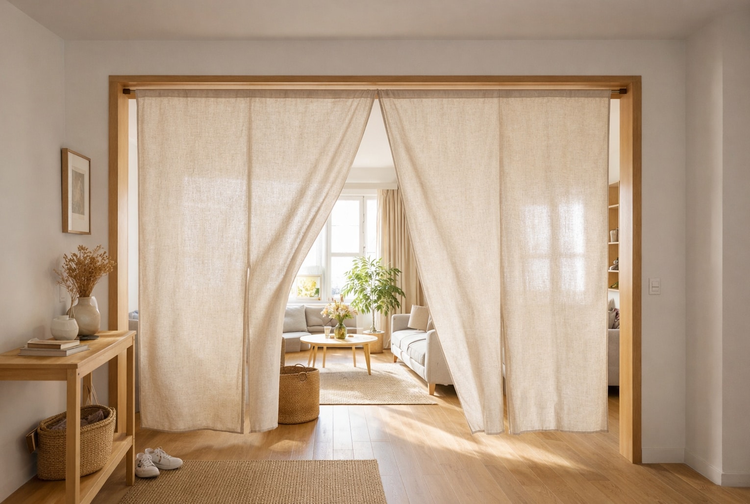 Intérieur d’appartement parisien lumineux avec un noren en lin écru fendu séparant l’entrée du salon, style contemporain minimaliste, bois clair.