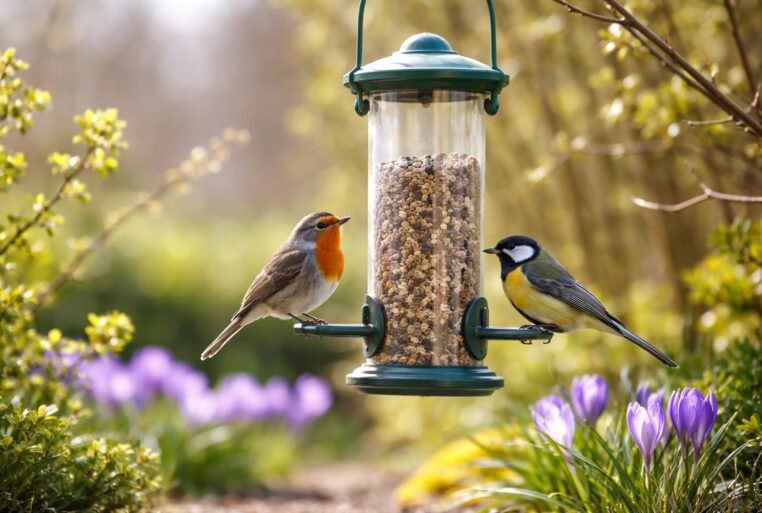 Mangeoire de jardin au début du printemps avec un rouge-gorge et une mésange, illustrant la réduction progressive du nourrissage des oiseaux.