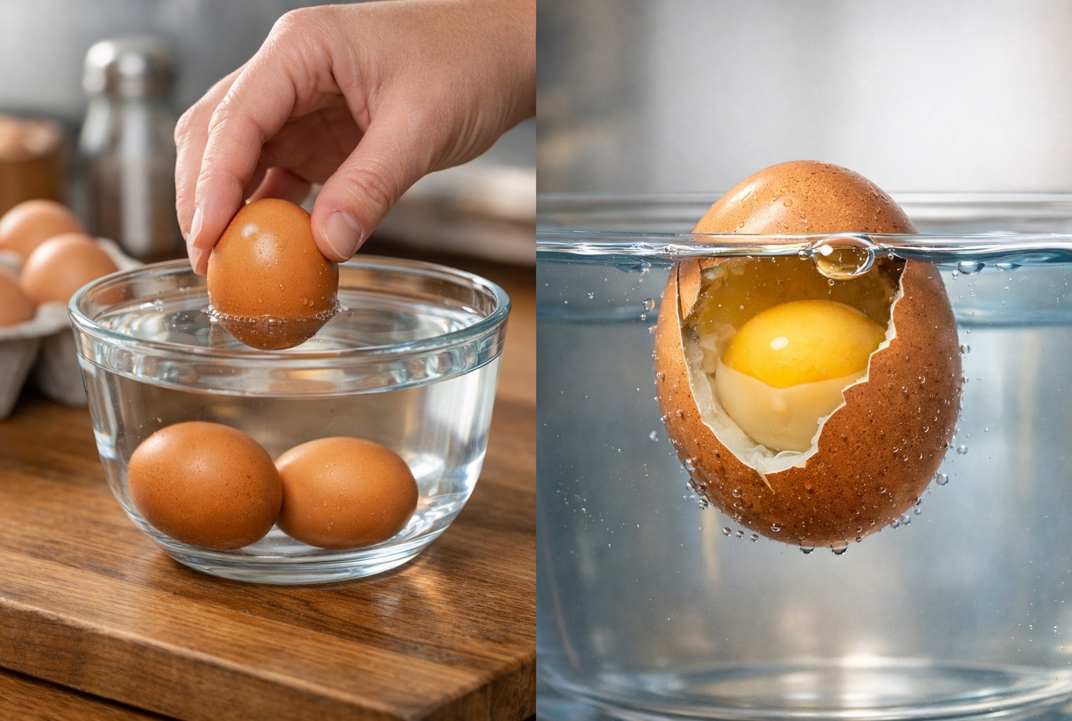 Œuf qui flotte dans un bol d’eau, avec une vue en coupe montrant la chambre à air.