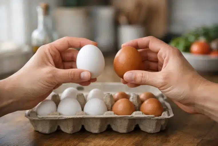 Différence œufs blancs et œufs marron : deux mains comparent un œuf blanc et un œuf brun au-dessus d’une boîte d’œufs.