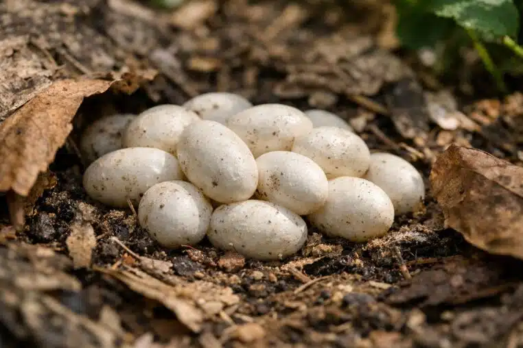 Œufs de serpent dans le jardin : grappe d’œufs blancs cachée sous des feuilles mortes