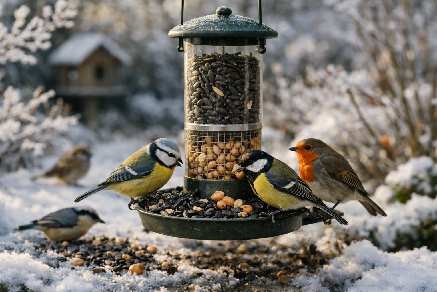 En février, une mangeoire remplie de graines de tournesol noires et d’arachides non salées aide les petits oiseaux à tenir le froid.