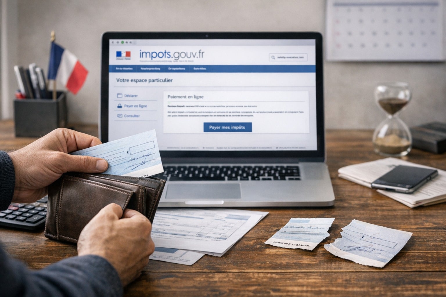 Paiement des impôts : un contribuable range un chèque tandis que le site impots.gouv.fr est affiché sur un ordinateur.