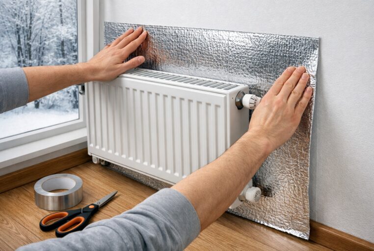 Installation d’un panneau réflecteur de chaleur derrière un radiateur mural pour réduire les pertes thermiques.
