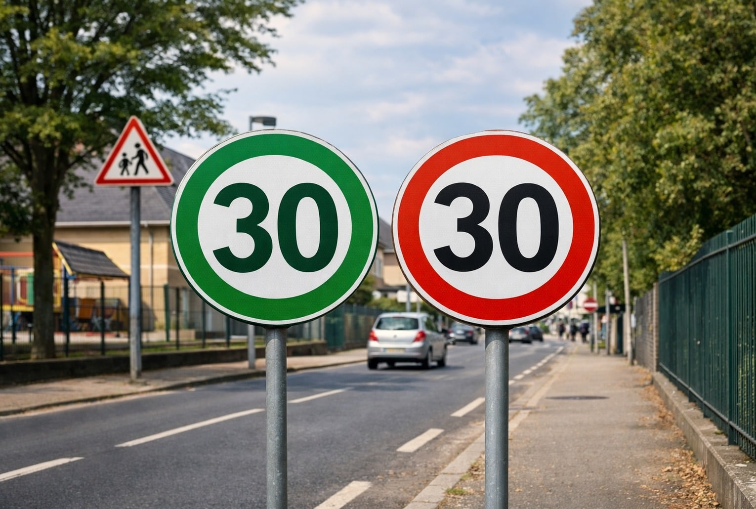 Panneaux de vitesse verts : un panneau « 30 » à bordure verte à côté d’un « 30 » à bordure rouge, près d’une école.