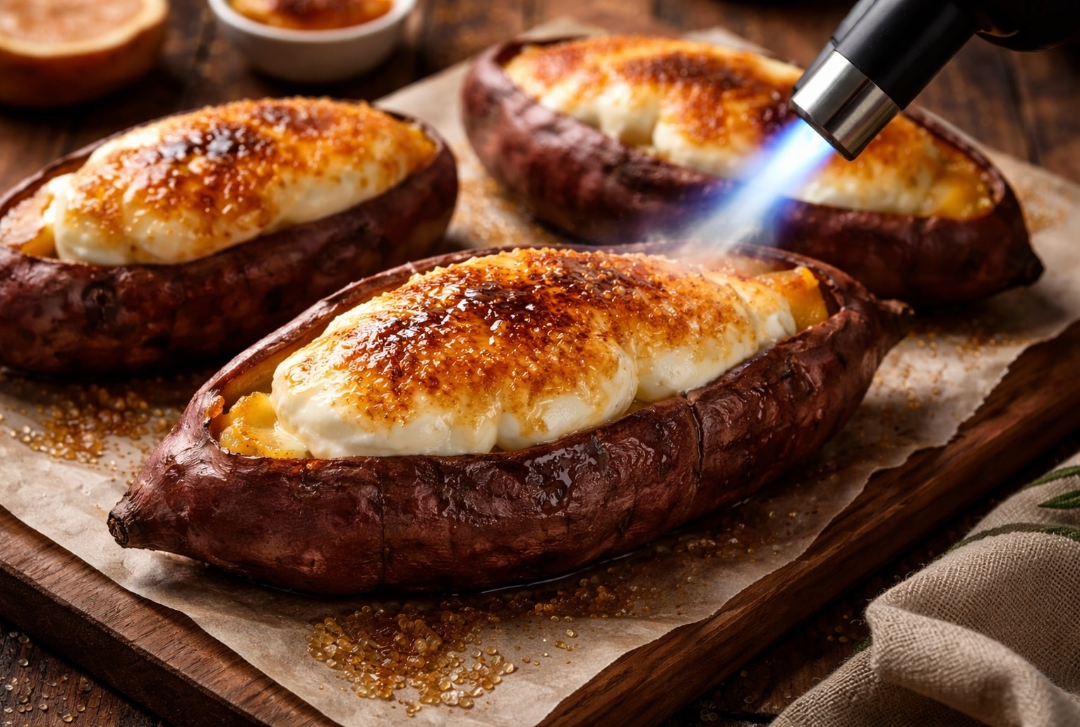 Patate douce crème brûlée façon japonaise (yakiimo), garnie de chantilly et caramélisée au chalumeau.