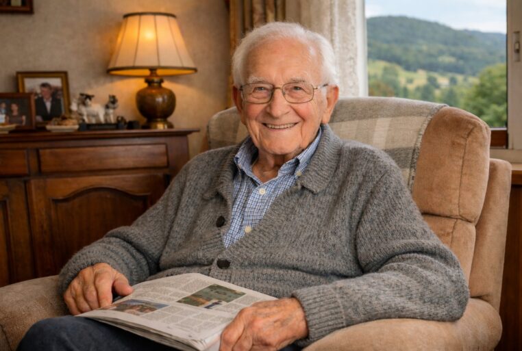 Image d’illustration : un homme âgé assis dans son salon, lisant le journal, avec une vue sur la campagne jurassienne.