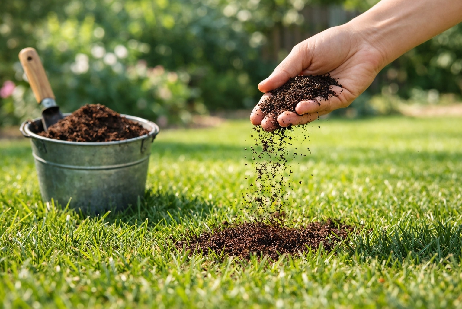 Un voile de marc de café saupoudré sur la pelouse pour aider le sol à repartir.