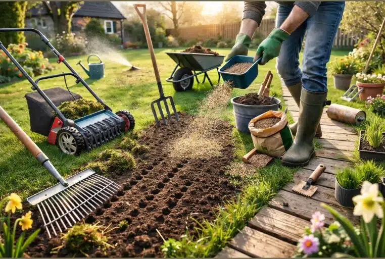 Jardinier en train de regarnir une pelouse en fin d’hiver, sans retourner la terre, avec arrosage en pluie fine.