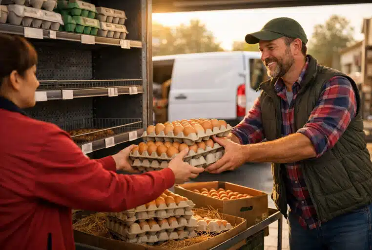 Pénurie d’œufs : un petit producteur livre des plateaux d’œufs à un supermarché aux étagères clairsemées.