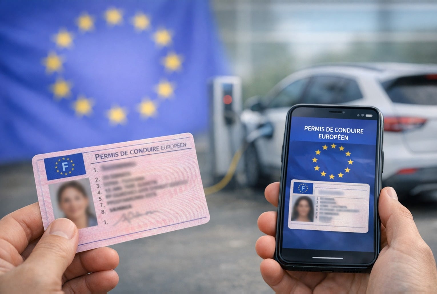 Permis B européen : permis de conduire sur smartphone et carte physique, avec drapeau de l’UE et voiture électrique en arrière-plan