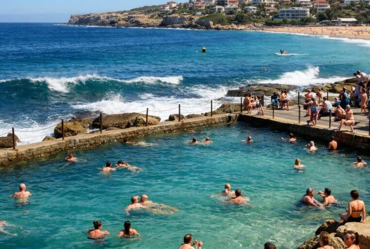 Piscines naturelles de Sydney bondées : des nageurs profitent d’un bassin d’eau de mer face aux vagues.